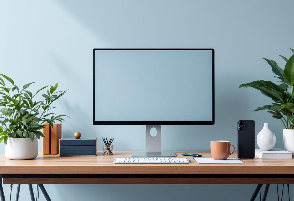 Telephone and computer on desk